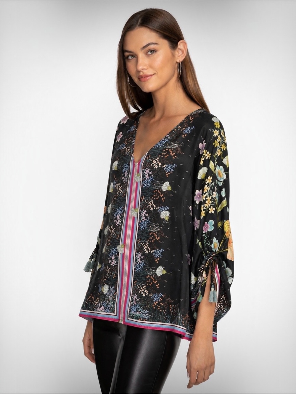 Johnny Was 100% Silk Floral BLK Bohemian Tunic Tassel Sleeve V-Neck Size M